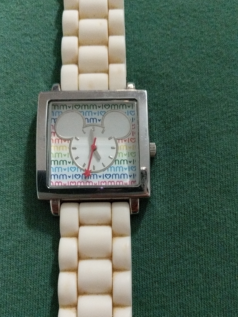 Vintage Disney White Silicone Strap Watch with Rainbow Pattern Mickey Dial